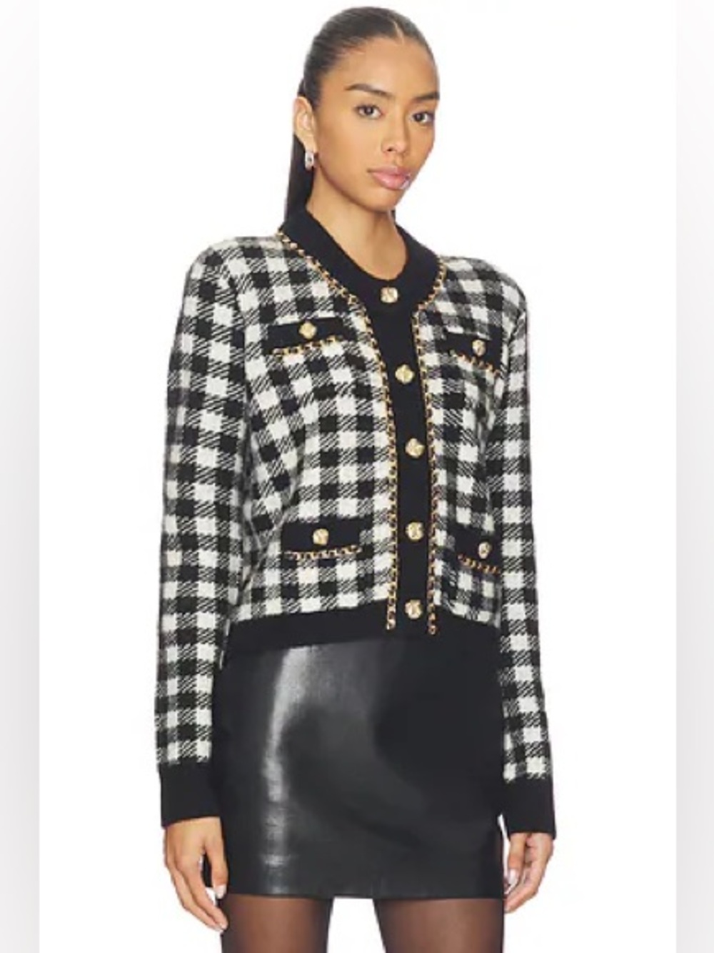 Oleg Cassini Black & White Checked Tweed Blazer with Gold Buttons